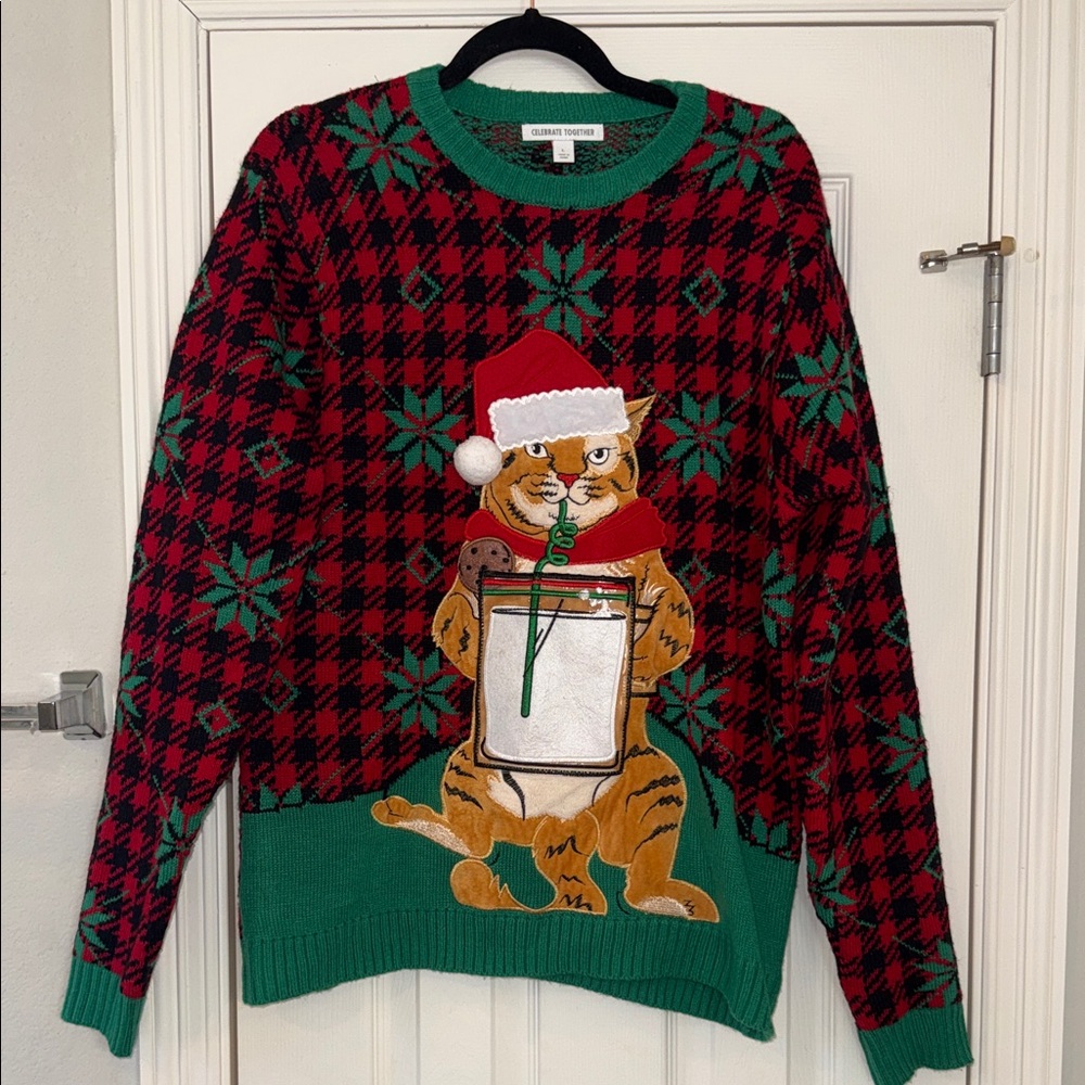 Funny Christmas Sweater with Santa Cat and Built in drink holder pouch